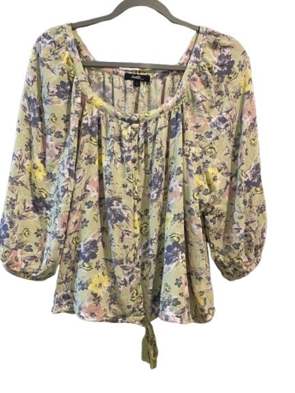 Women's Large Blouse Angels Forever Young 3/4 Sleeve Peasant Green Floral Boho